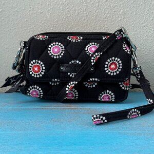 EUC Vera Bradley Crossbody Wallet Black FloralParisian Pom Pom Print *RARE*